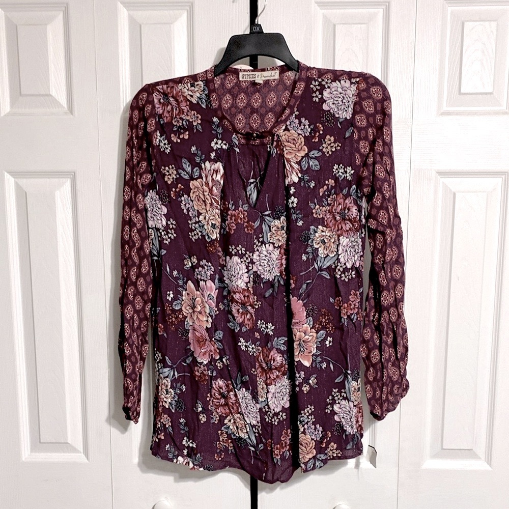 Gypsies & moondust NWT plum gauze lightweight floral tunic shirt top Size MEDIUM